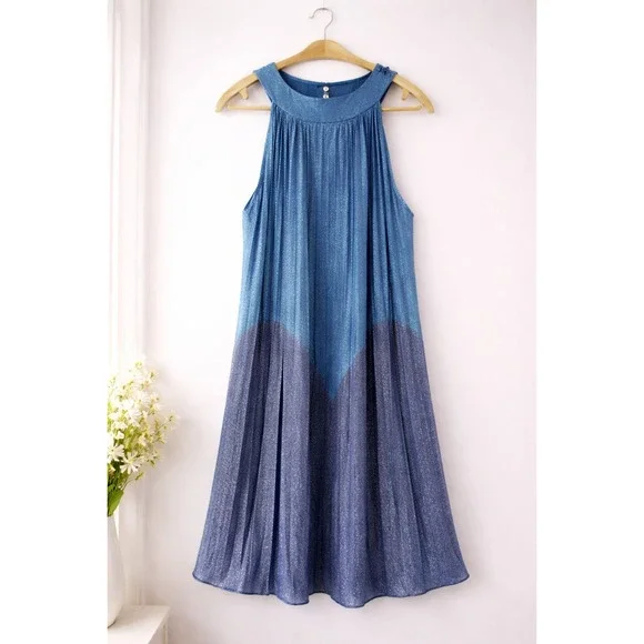 Free People Metallic Pleated Halter Dress Blue Size Large - Picture 2 of 8